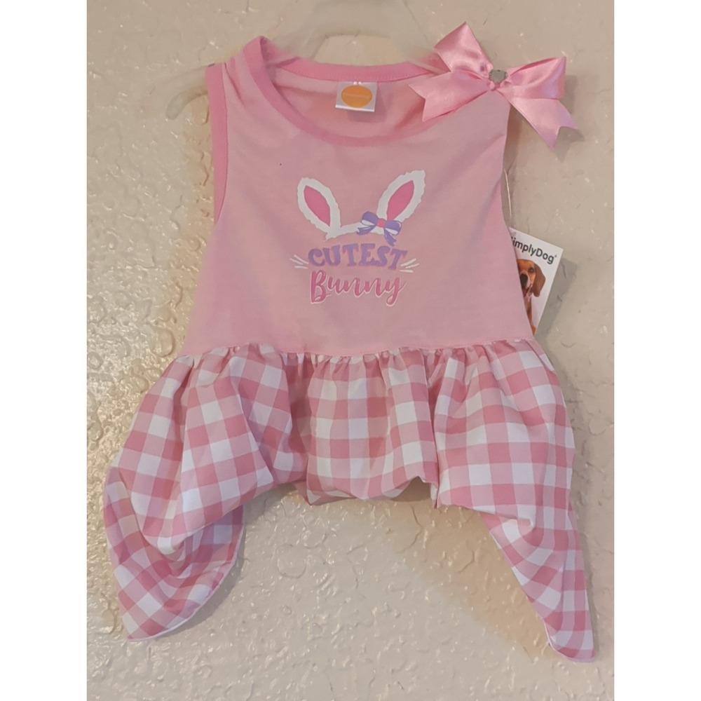 SimplyDog Large Dog "Cutest Bunny" Pink Check W/ Bow Party Easter Dress